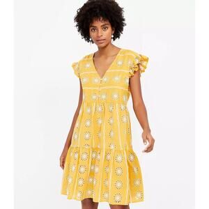 Ann Taylor Loft Mustard Yellow Eyelet Embroidered Tiered Dress Size S Small